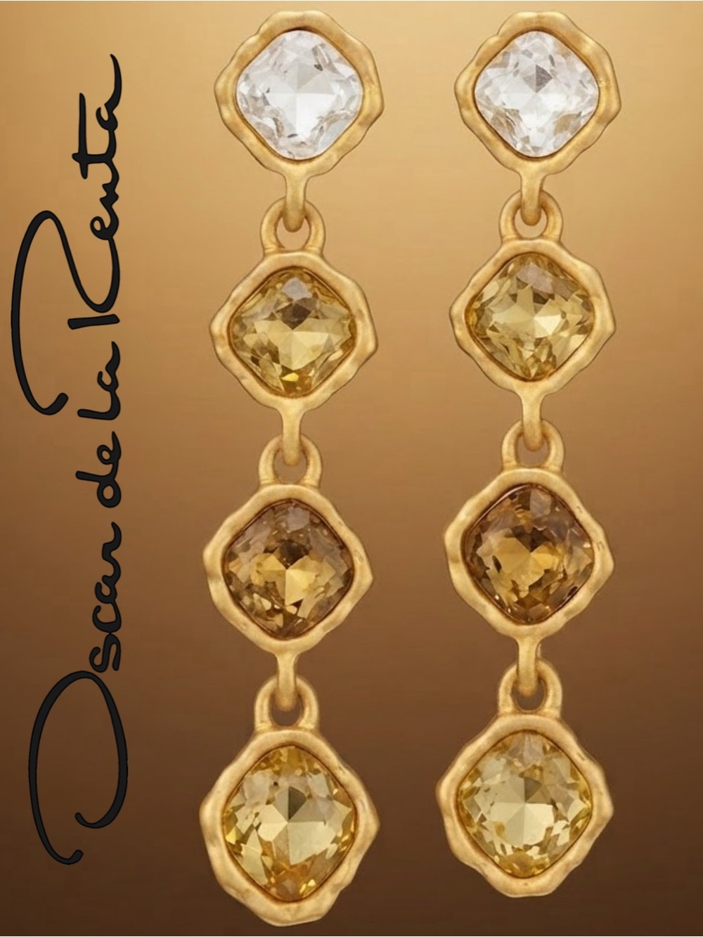 Oscar de la Renta Earrings Gold-Tone TOPAZ COMBO CRYSTAL Dangle Drop ✨POST - Picture 3 of 12